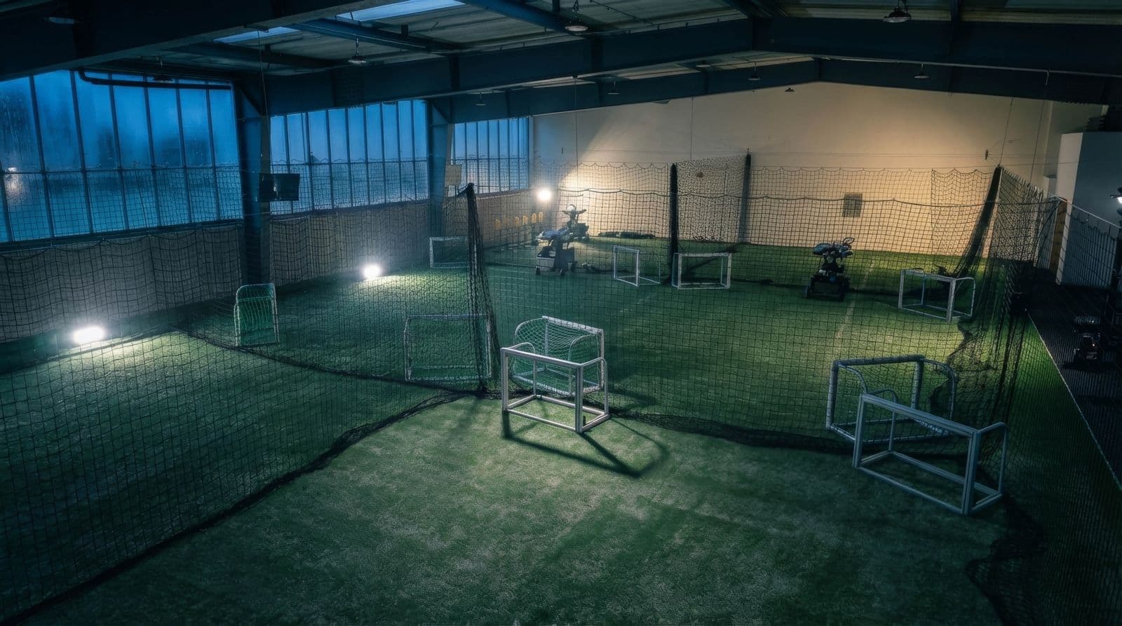 Fußball-Studio der Football Factory mit Kunstrasen, Mini-Toren und Fußballmaschine